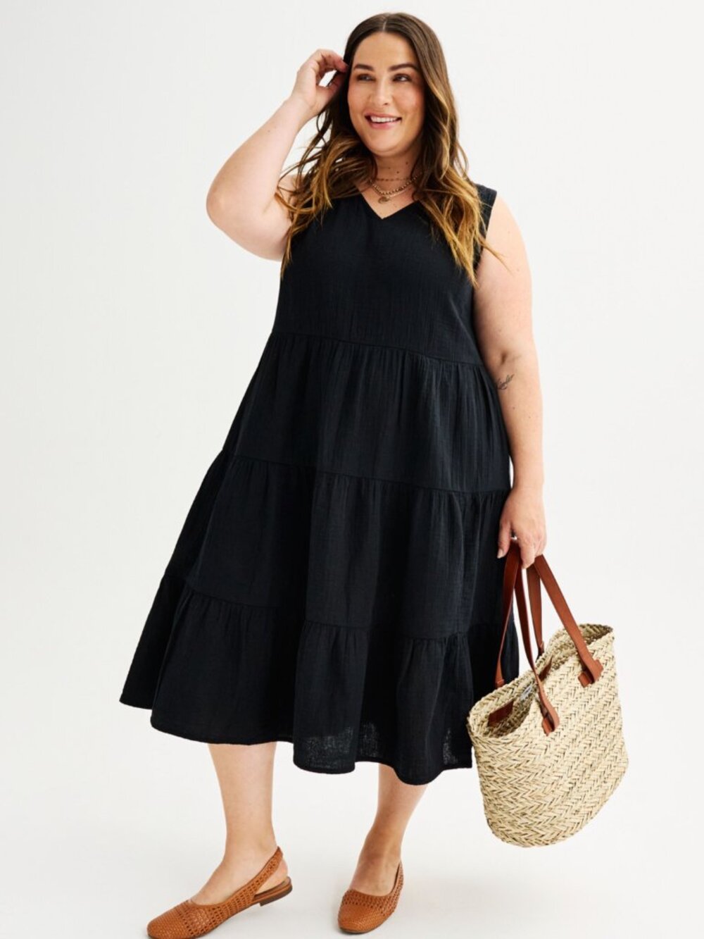 Sonoma Goods For Life® Tiered V-Neck Midi Dress Black 100% cotton XL
